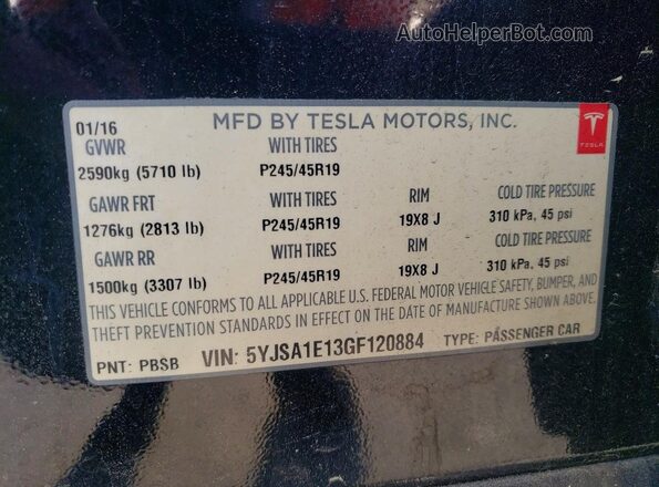 5YJSA1E13GF120884 2016 TESLA MODEL S Черный Вид наклейки с VIN-кодом