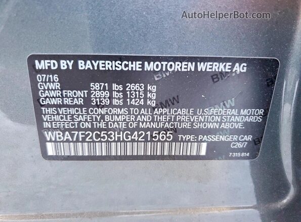 WBA7F2C53HG421565 2017 BMW OTHER Серый Вид наклейки с VIN-кодом