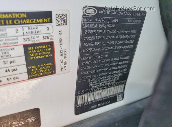 SALWR2RE4JA801271 2018 LAND ROVER RANGE White Widok naklejki z numerem VIN
