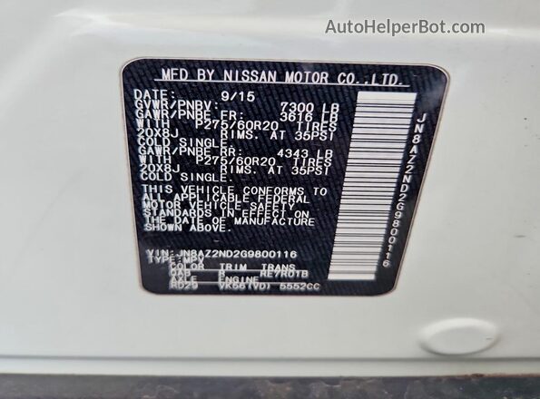 JN8AZ2ND2G9800116 2016 INFINITI QX80 Белый Вид наклейки с VIN-кодом
