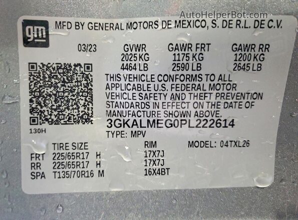 3GKALMEG0PL222614 2023 GMC TERRAIN Серый Вид наклейки с VIN-кодом
