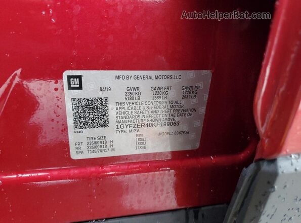1GYFZER40KF199063 2019 CADILLAC XT4 Red Widok wnętrza 360 stopni