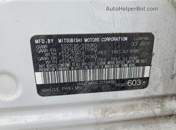 JA4JZ4AX4LZ016466 2020 MITSUBISHI OUTLANDER White Widok wnętrza 360 stopni