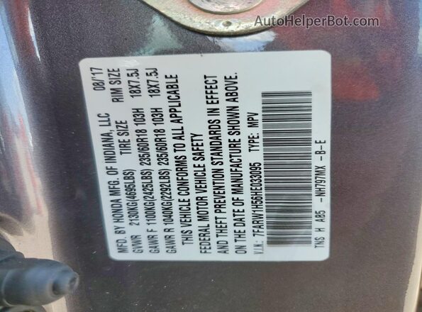 7FARW1H56HE033095 2017 HONDA CRV Gray VIN կոդի պիտակի տեսք