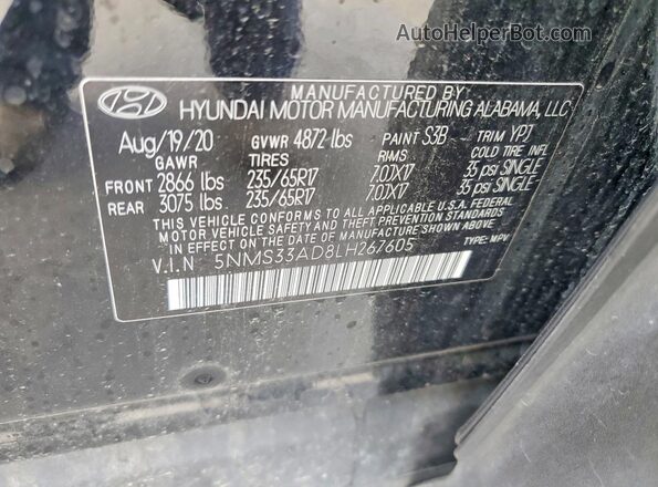 5NMS33AD8LH267605 2020 HYUNDAI SANTA Black VIN sticker view