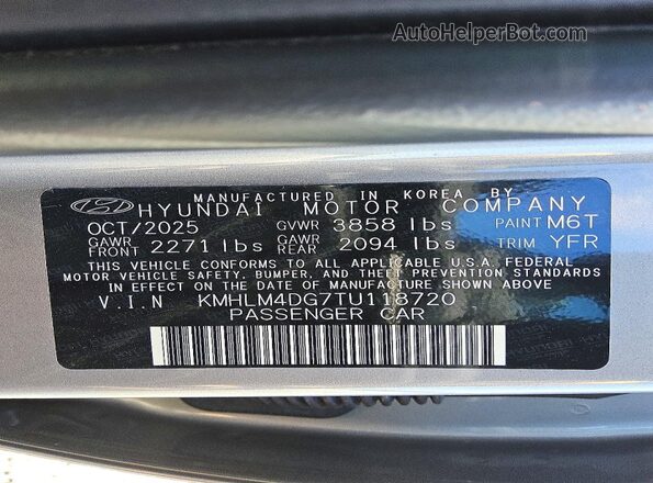 KMHLM4DG7TU118720 2026 HYUNDAI ELANTRA Серый Вид наклейки с VIN-кодом
