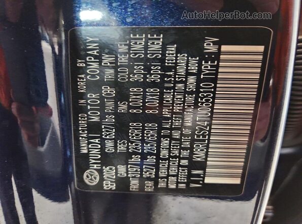 KM8RLES24TU065310 2026 HYUNDAI PALISADE Blue Widok naklejki z numerem VIN