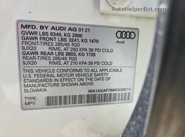 WA1AXAF76MD028310 2021 AUDI Q7 White Սալոնի 360 աստիճան տեսք