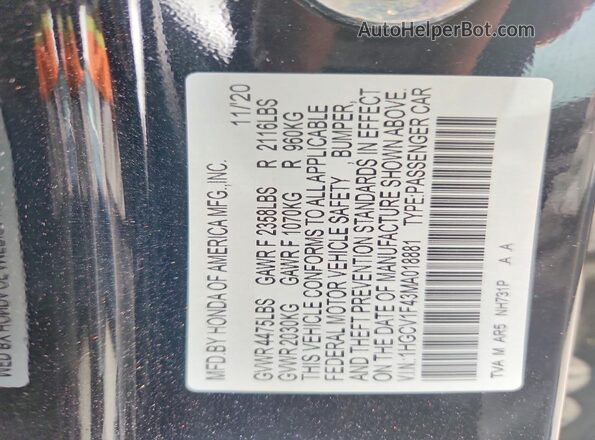 1HGCV1F43MA018881 2021 HONDA ACCORD Черный Панорамный вид салона 360°