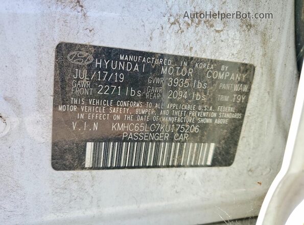 KMHC65LC7KU175206 2019 HYUNDAI IONIQ White VIN կոդի պիտակի տեսք