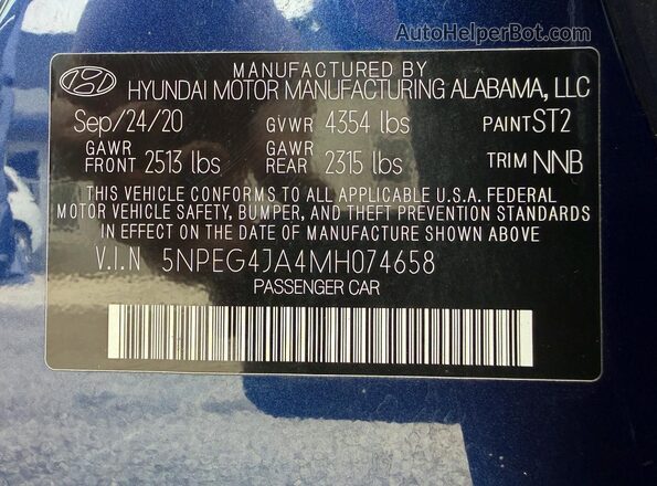 5NPEG4JA4MH074658 2021 HYUNDAI SONATA Blue 