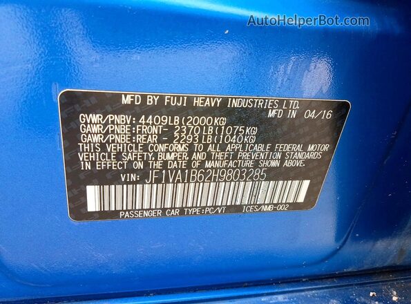 JF1VA1B62H9803285 2017 SUBARU WRX Синий Вид задней части салона