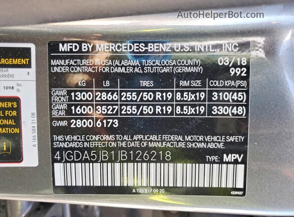4JGDA5JB1JB126218 2018 MERCEDES-BENZ GLE Серый Вид наклейки с VIN-кодом
