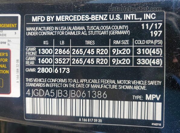 4JGDA5JB3JB061386 2018 MERCEDES-BENZ GLE Черный Вид наклейки с VIN-кодом