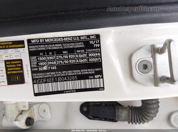 4JGDF6EE1JB043285 2018 MERCEDES-BENZ GLS 450 White Widok komory silnika