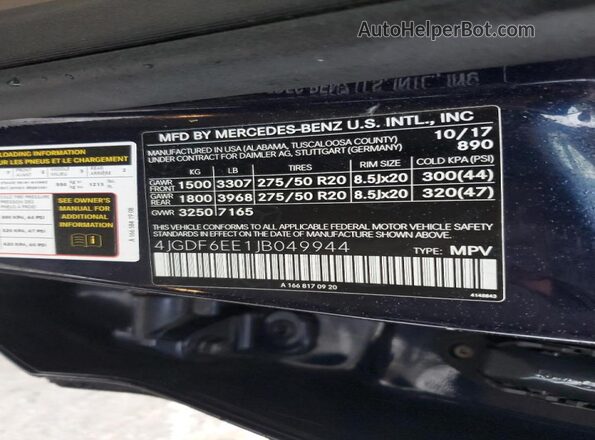4JGDF6EE1JB049944 2018 MERCEDES-BENZ GLS Черный Вид наклейки с VIN-кодом