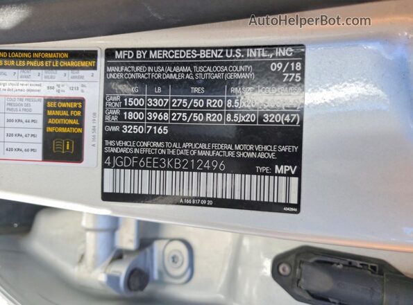4JGDF6EE3KB212496 2019 MERCEDES-BENZ GLS Silver Widok naklejki z numerem VIN