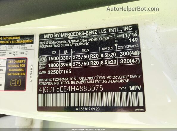 4JGDF6EE4HA883075 2017 MERCEDES-BENZ GLS 450 White Widok komory silnika