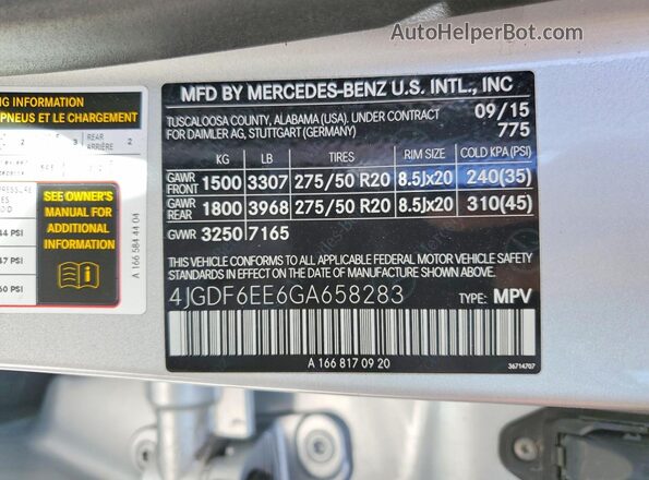 4JGDF6EE6GA658283 2016 MERCEDES-BENZ GL-CLASS Серебряный Вид наклейки с VIN-кодом