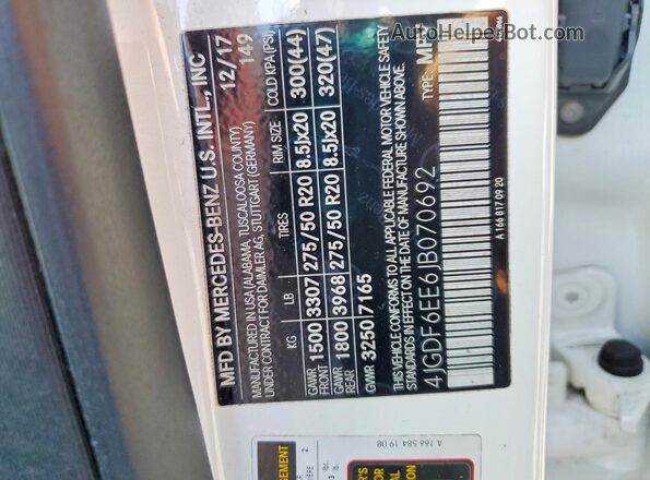 4JGDF6EE6JB070692 2018 MERCEDES-BENZ GLS White Вид наклейки з VIN-кодом