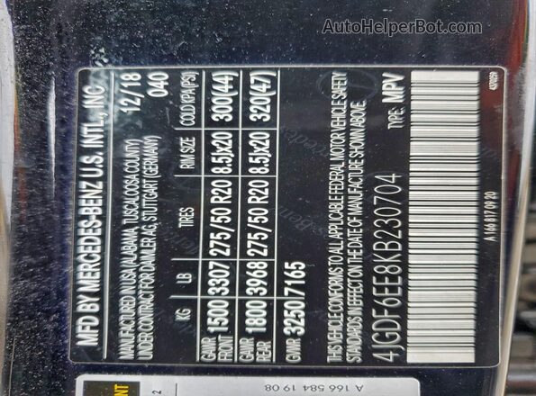 4JGDF6EE8KB230704 2019 MERCEDES-BENZ GLS Black VIN კოდის სტიკერის ხედი