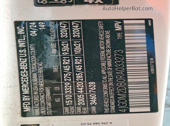 4JGDM2DB0RA033273 2024 MERCEDES-BENZ EQS White VIN կոդի պիտակի տեսք