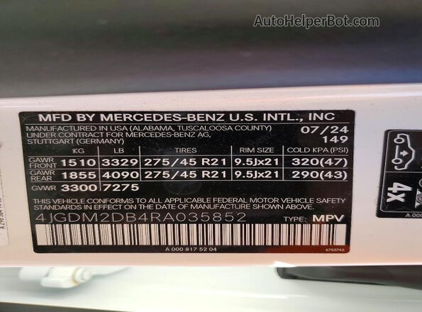 4JGDM2DB4RA035852 2024 MERCEDES-BENZ EQS White Widok wnętrza 360 stopni