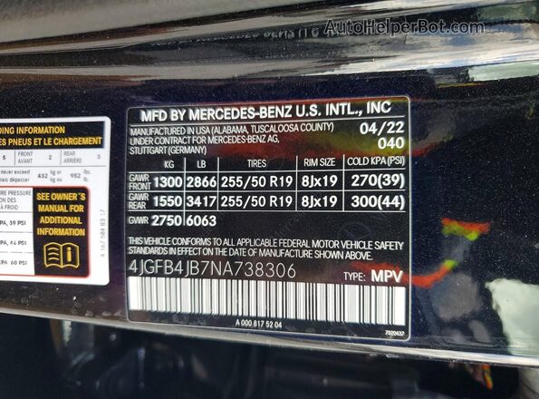 4JGFB4JB7NA738306 2022 MERCEDES-BENZ GLE Black Вид наклейки з VIN-кодом