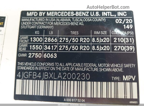 4JGFB4JBXLA200230 2020 MERCEDES-BENZ GLE 350 White Widok komory silnika