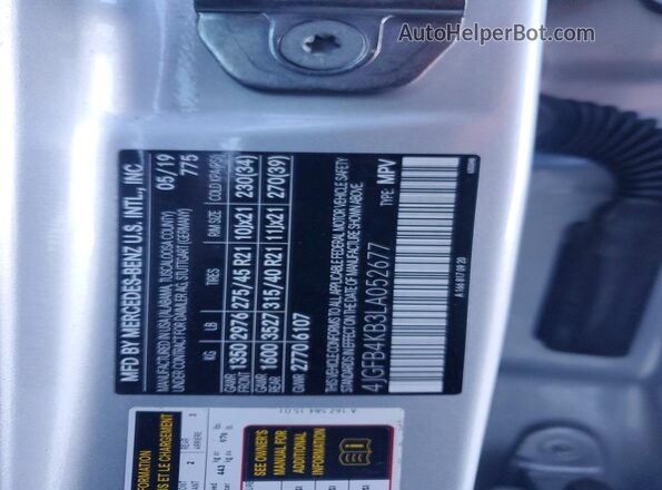 4JGFB4KB3LA052677 2020 MERCEDES-BENZ GLE Серебряный Вид наклейки с VIN-кодом