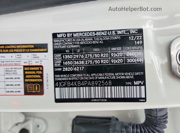 4JGFB4KB4PA892568 2023 MERCEDES-BENZ GLE White Widok naklejki z numerem VIN