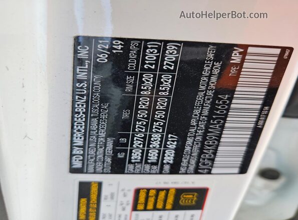 4JGFB4KB9MA516654 2021 MERCEDES-BENZ GLE White VIN sticker view