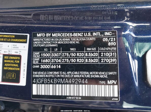 4JGFB5KB9MA492944 2021 MERCEDES-BENZ GLE 450 Blue Vista del compartimento del motor