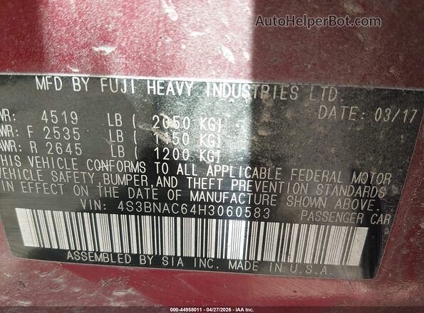 4S3BNAC64H3060583 2017 SUBARU LEGACY Red Widok komory silnika