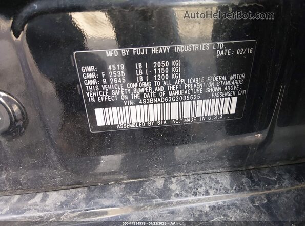 4S3BNAD63G3039625 2016 SUBARU LEGACY Черный Вид подкапотного пространства