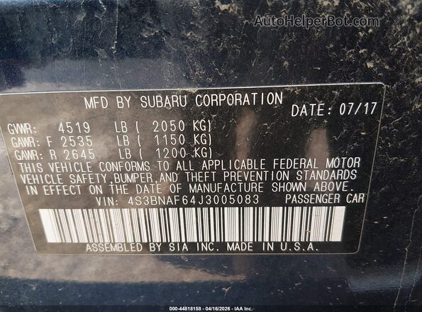 4S3BNAF64J3005083 2018 SUBARU LEGACY Синий Вид подкапотного пространства