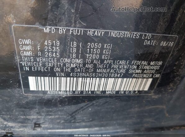 4S3BNAS62H3018947 2017 SUBARU LEGACY Black Вид підкапотного простору