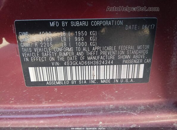 4S3GKAD66H3624344 2017 SUBARU IMPREZA Бордовый Вид подкапотного пространства