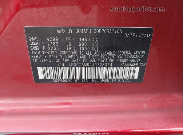 4S3GTAM62J3728364 2018 SUBARU IMPREZA Красный Вид подкапотного пространства