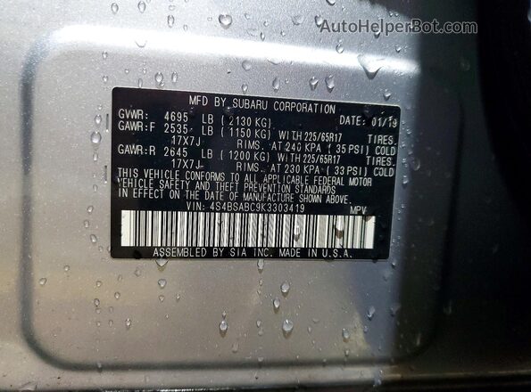 4S4BSABC9K3303419 2019 SUBARU OUTBACK Серебряный Вид подкапотного пространства
