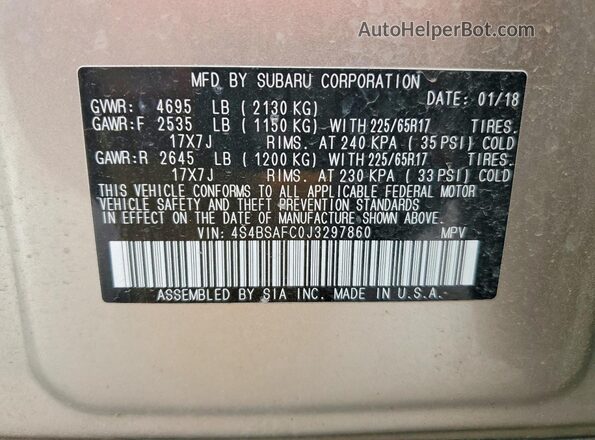 4S4BSAFC0J3297860 2018 SUBARU OUTBACK Серебряный Вид наклейки с VIN-кодом