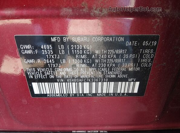 4S4BSAFC7K3367310 2019 SUBARU OUTBACK Красный Вид подкапотного пространства