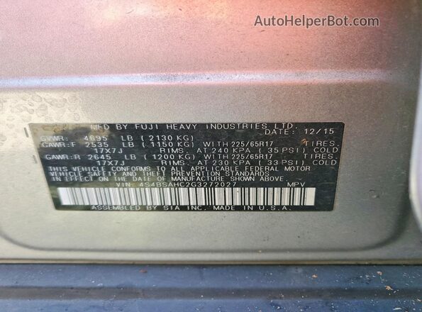 4S4BSAHC2G3272027 2016 SUBARU OUTBACK Синий Вид наклейки с VIN-кодом