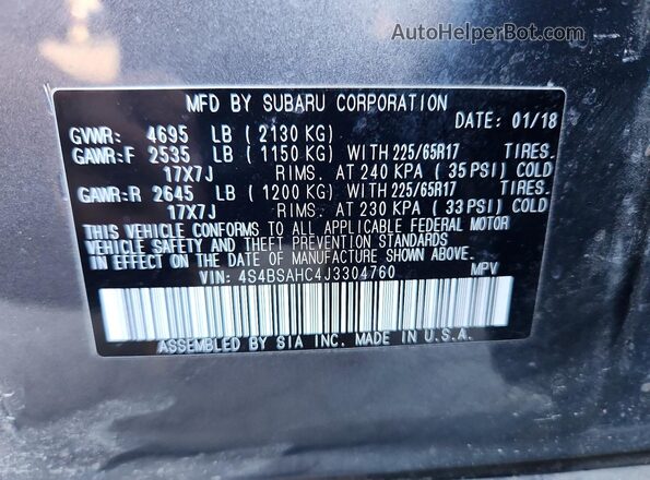 4S4BSAHC4J3304760 2018 SUBARU OUTBACK Серый Вид подкапотного пространства
