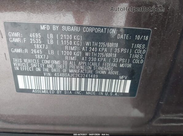 4S4BSAJC2K3241489 2019 SUBARU OUTBACK Коричневый Вид подкапотного пространства