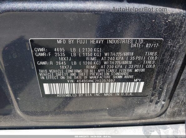 4S4BSANC2H3357097 2017 SUBARU OUTBACK Серый Вид подкапотного пространства
