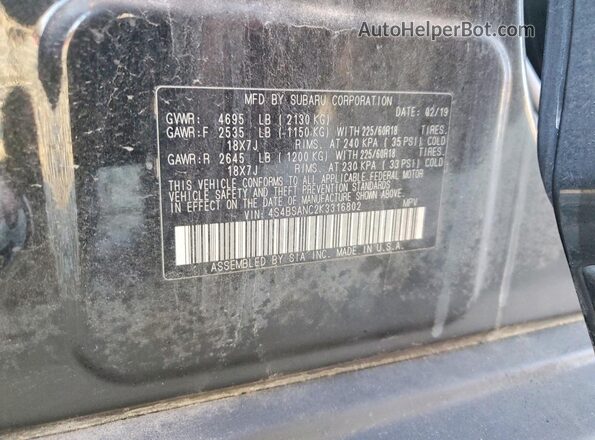 4S4BSANC2K3316802 2019 SUBARU OUTBACK Черный Вид наклейки с VIN-кодом