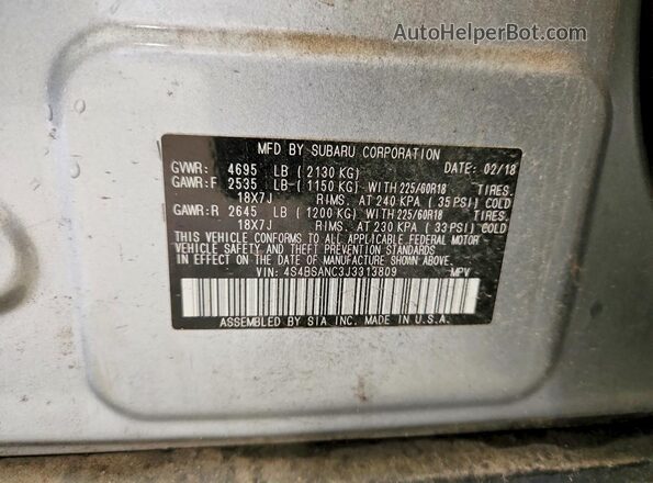 4S4BSANC3J3313809 2018 SUBARU OUTBACK Серебряный Вид подкапотного пространства