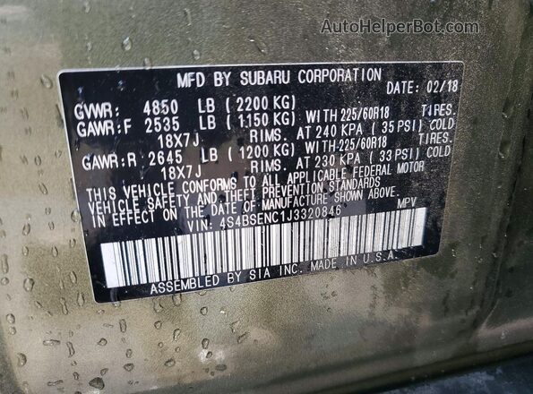 4S4BSENC1J3320846 2018 SUBARU OUTBACK Green Widok naklejki z numerem VIN
