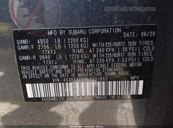 4S4BTACC3L3231663 2020 SUBARU OUTBACK Серый Вид подкапотного пространства